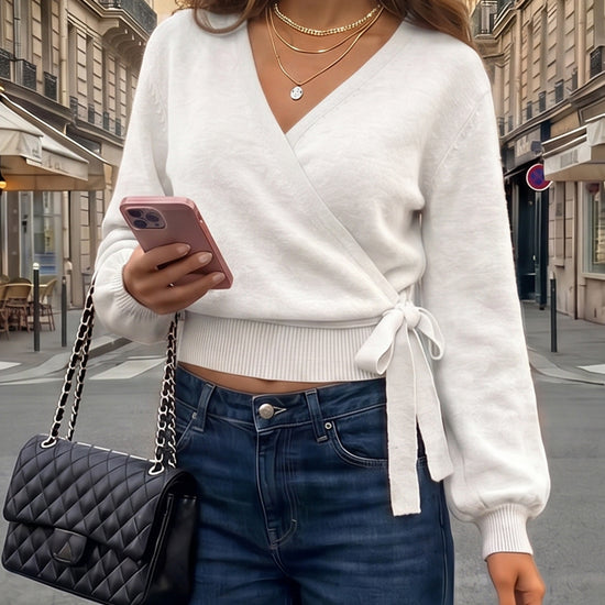 V Neck Tie Belted Crop Knit Sweaters - Fisoew