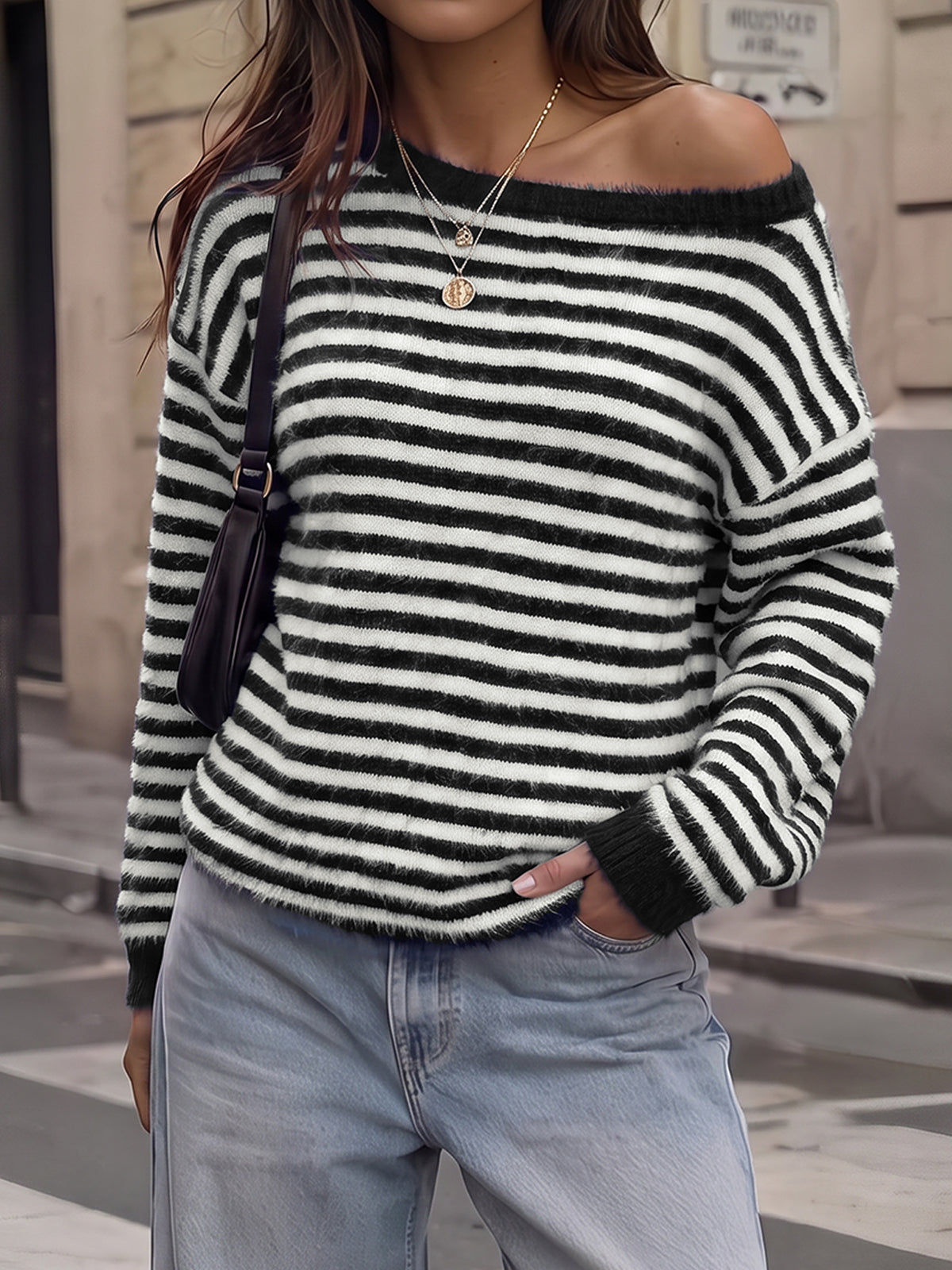 Off Shoulder Striped Knit Pullover - Fisoew