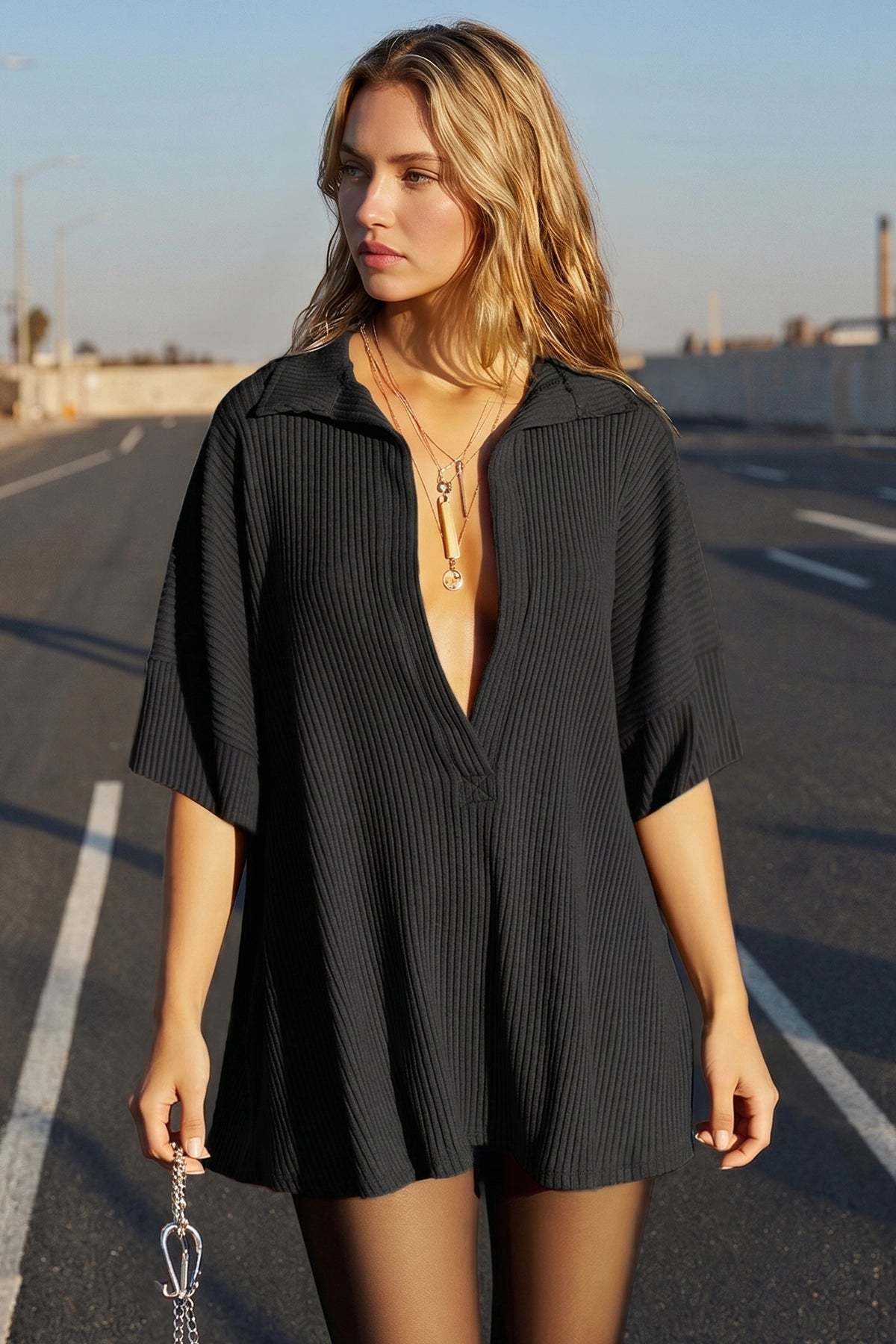 Fisoew Women's Black Oversized Deep V Neck Sweatshirts