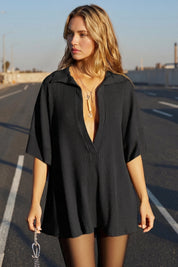 Fisoew Women's Black Oversized Deep V Neck Sweatshirts