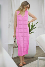 Fisoew Women's Pink Boho Knit Sleeveless Dress