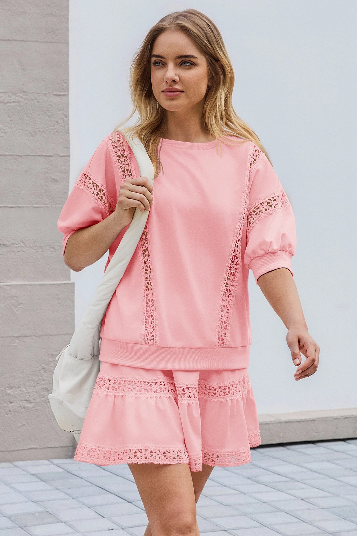 Womens Pink Lace Trim Puff Sleeve Two Piece Skirt Set Fisoew