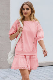 Womens Pink Lace Trim Puff Sleeve Two Piece Skirt Set Fisoew