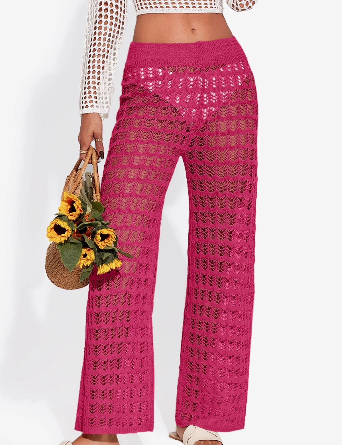 Fisoew Women‘s Rose Red Crochet Sheer Mesh Cover Up Pants - Fisoew