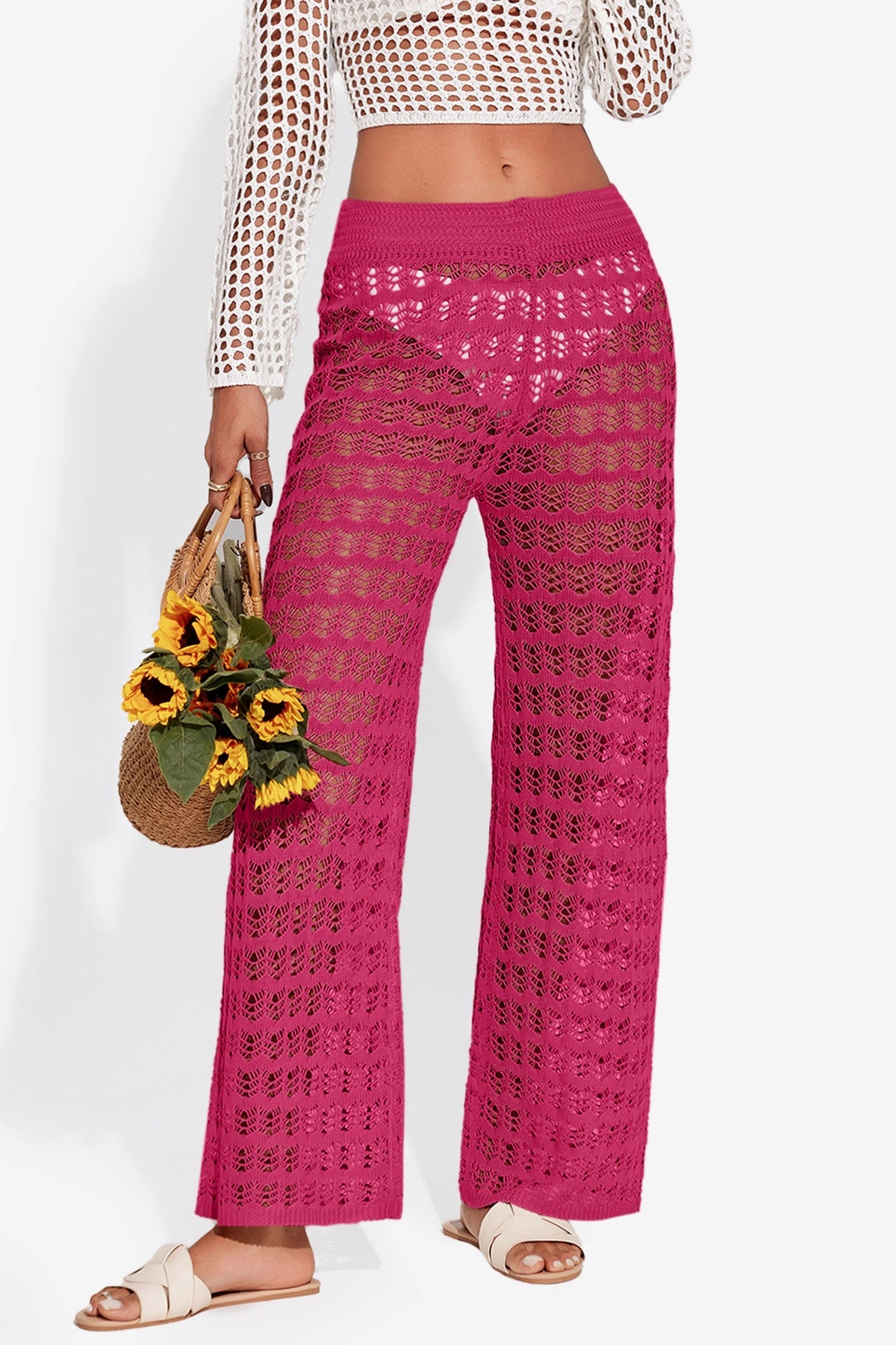Fisoew Women‘s Rose Red Crochet Sheer Mesh Cover Up Pants - Fisoew