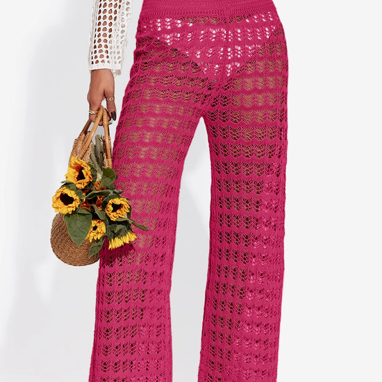 Fisoew Women‘s Rose Red Crochet Sheer Mesh Cover Up Pants - Fisoew