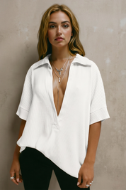 Fisoew Women's White Oversized Deep V Neck Sweatshirts