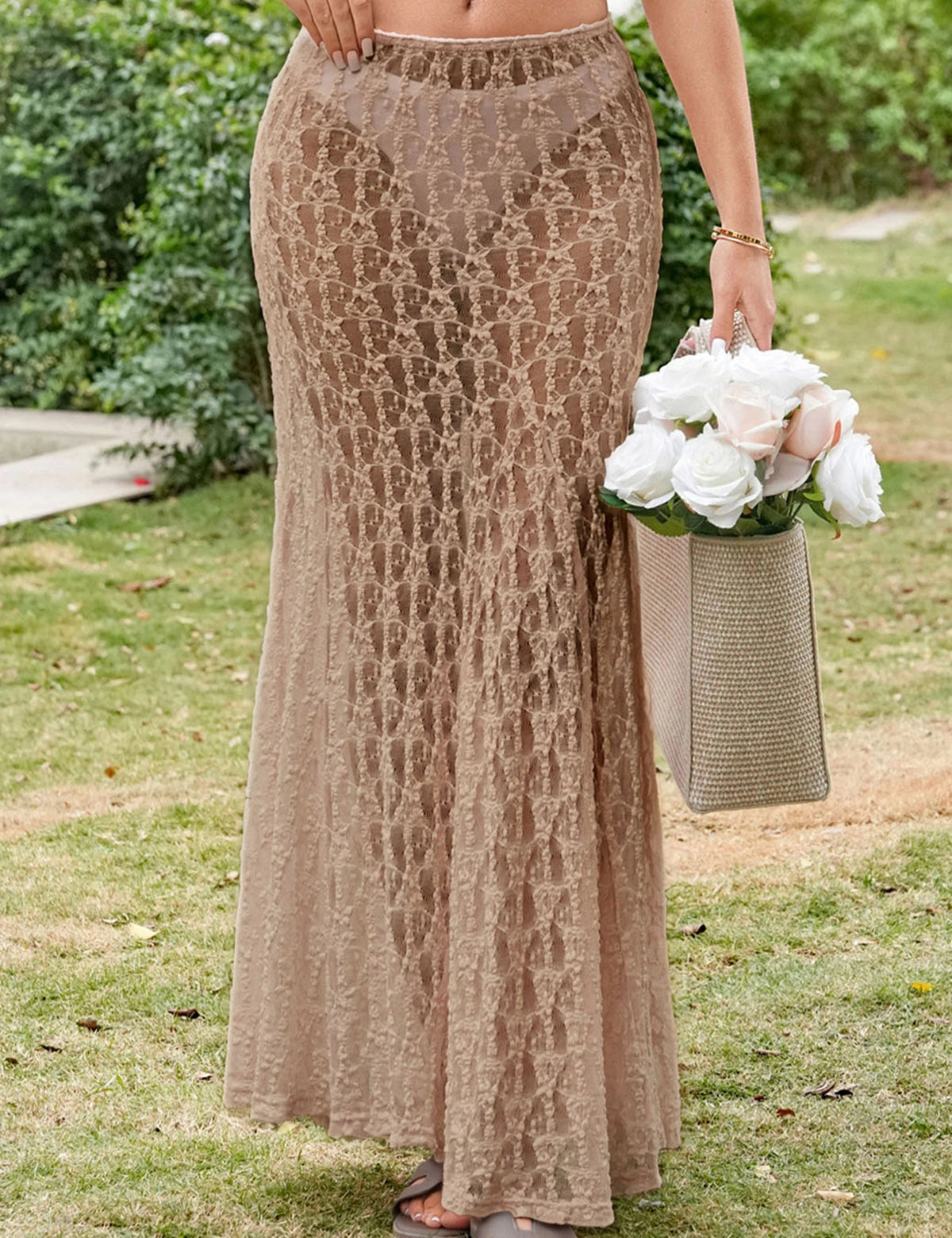 Fisoew Women's Khaki High Waist A Line Lace Maxi Skirt - Fisoew