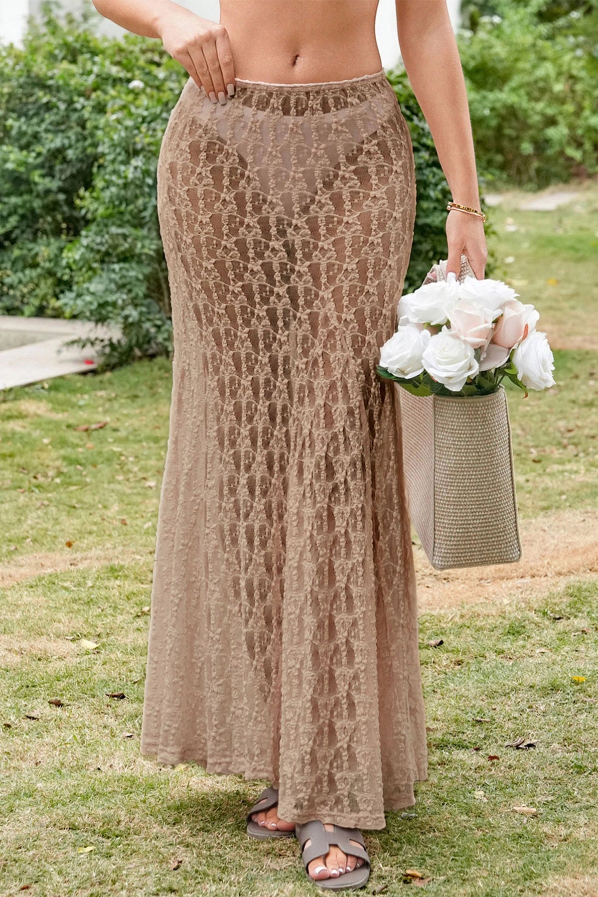 Fisoew Women's Khaki High Waist A Line Lace Maxi Skirt - Fisoew