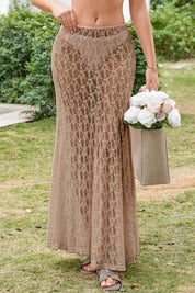 Fisoew Women's Khaki High Waist A Line Lace Maxi Skirt - Fisoew