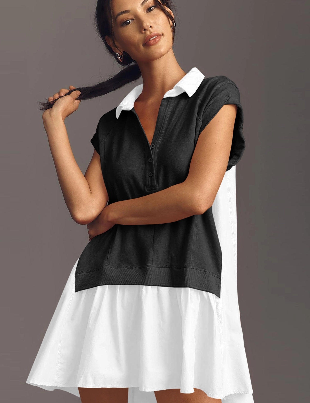 Fisoew Women's Black&white Oversized Patchwork Mini Dress - Fisoew