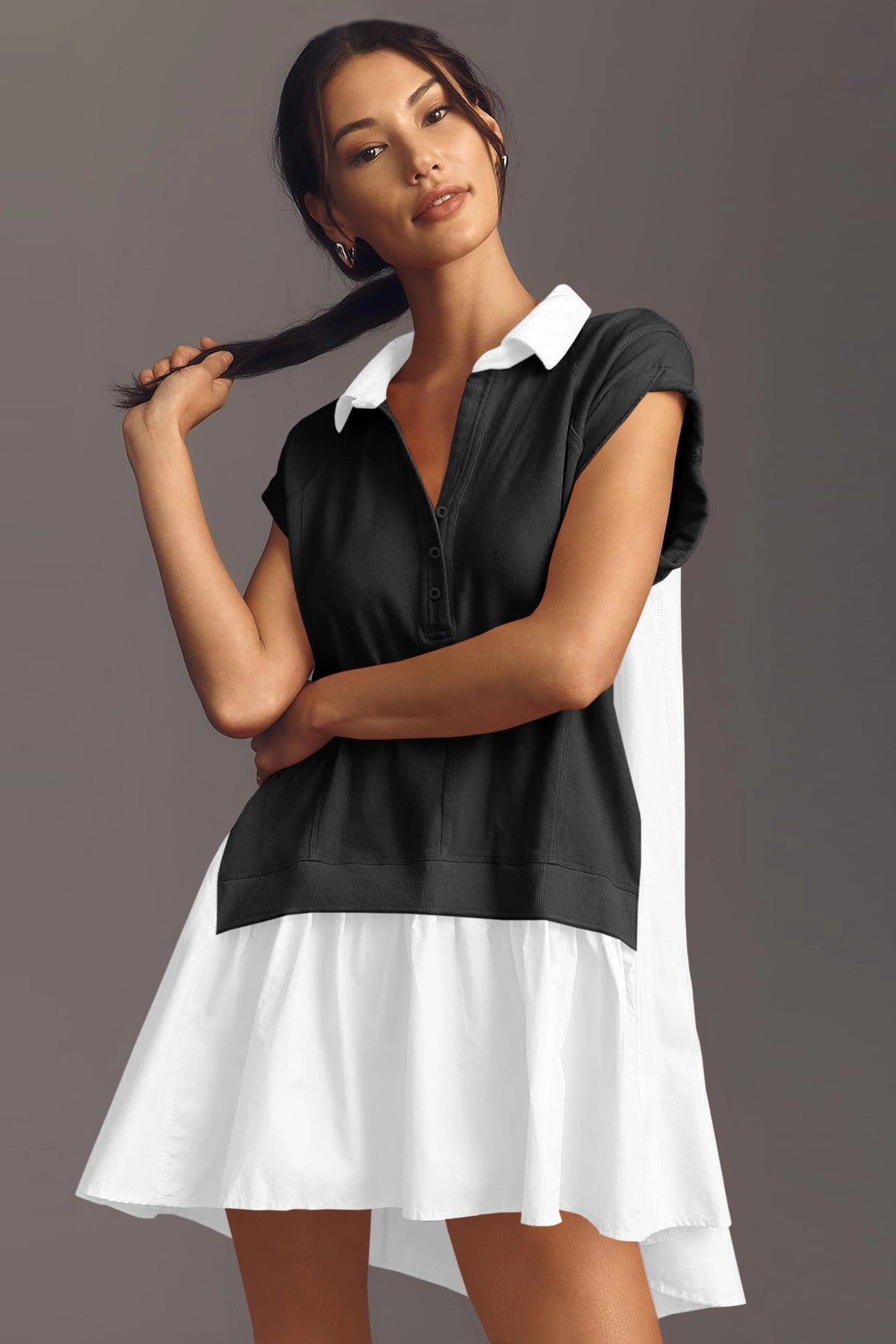 Fisoew Women's Black&white Oversized Patchwork Mini Dress