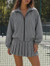 Stripe Zipper Jacket With Pleated Skirt Sets - Fisoew