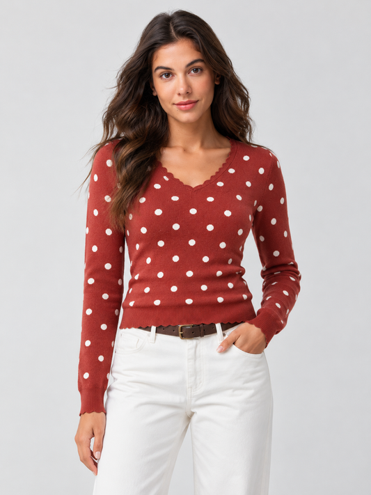 Polka Dot Slim Fit Knit Long Sleeve Tops