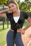 Fisoew Women's Black Y2k Wrap Tie Crop Shirts - Fisoew