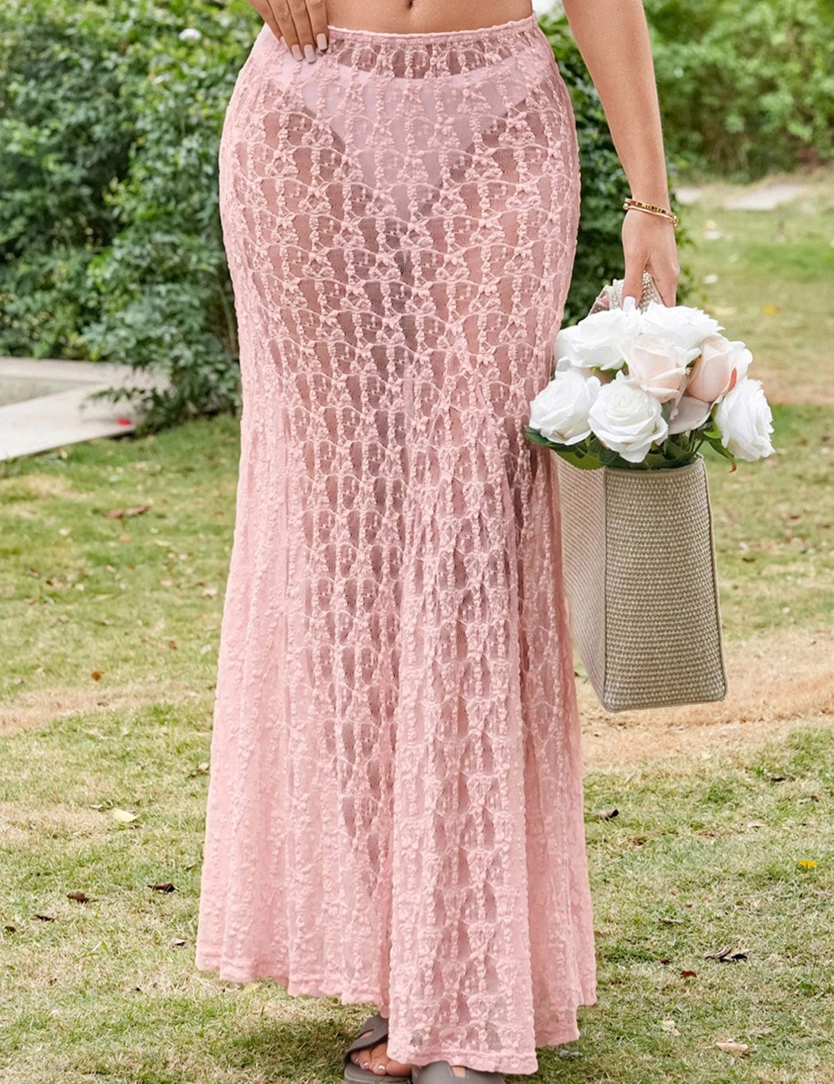 Fisoew Women's Pink High Waist A Line Lace Maxi Skirt - Fisoew