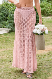 Fisoew Women's Pink High Waist A Line Lace Maxi Skirt - Fisoew