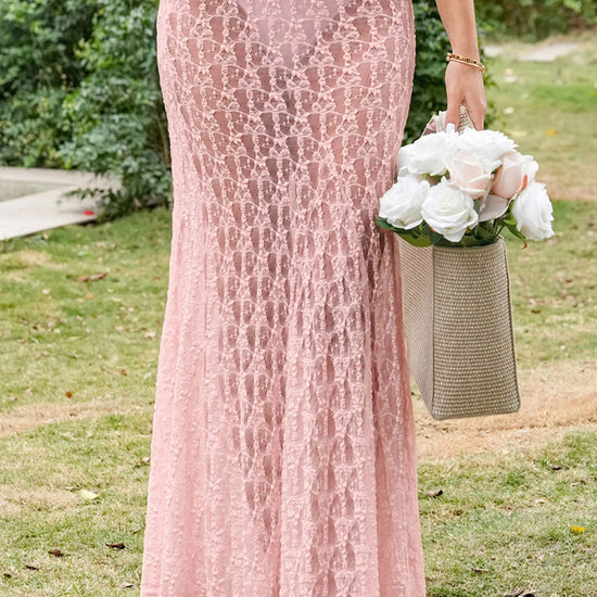 Fisoew Women's Pink High Waist A Line Lace Maxi Skirt - Fisoew
