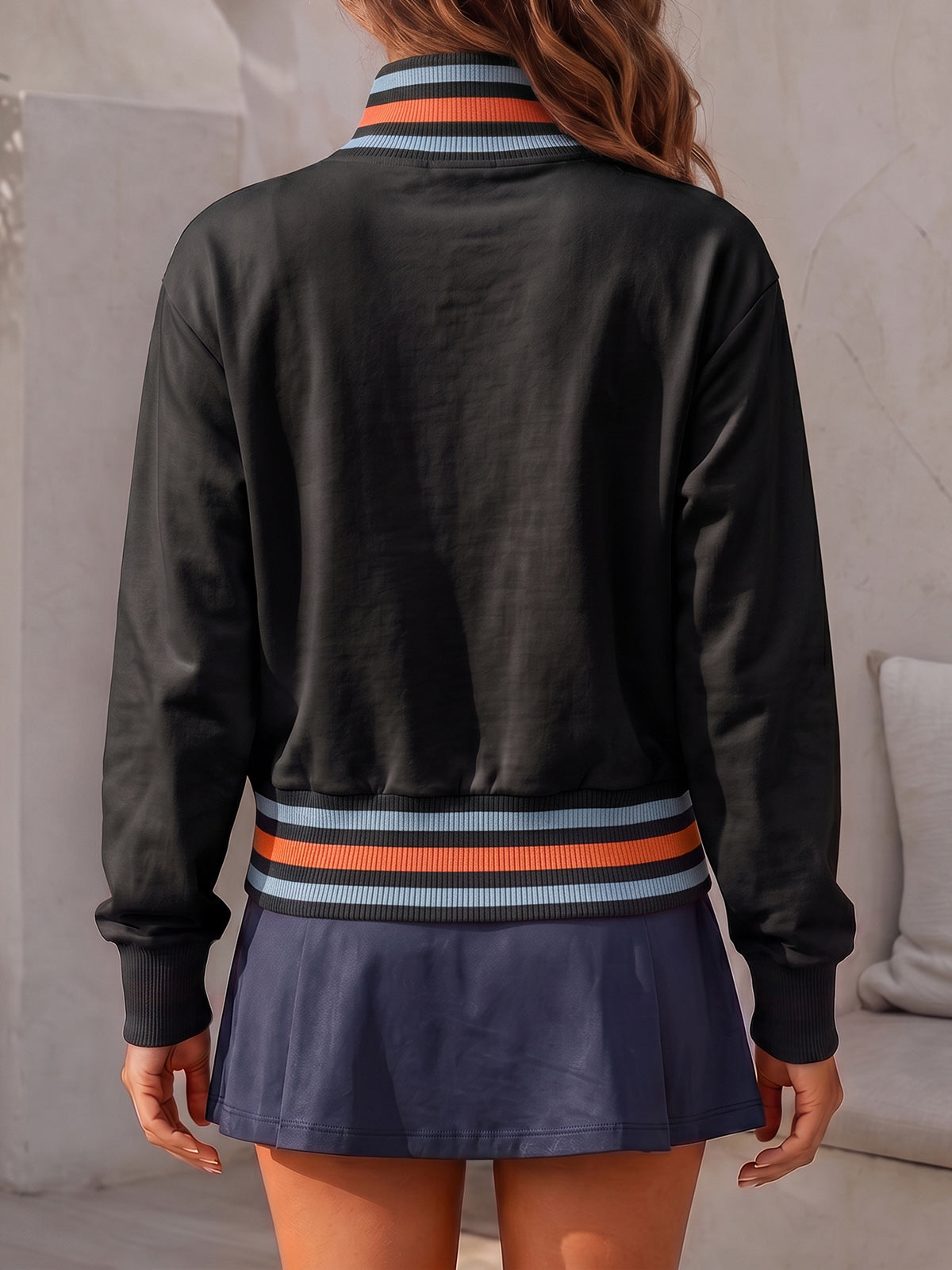 Half Zip Stripe Crop Sweatshirts - Fisoew