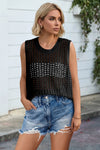 Fisoew Women's Black Scoop Neck Crochet Boho Cover Ups - Fisoew