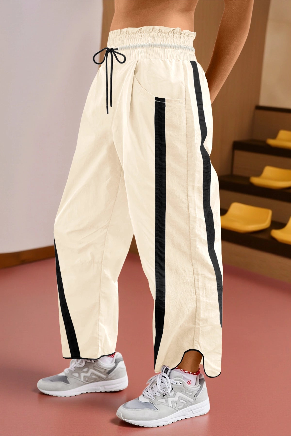 Women's Apricot Drawstring Elastic Contrast Color Pants Fisoew - Fisoew