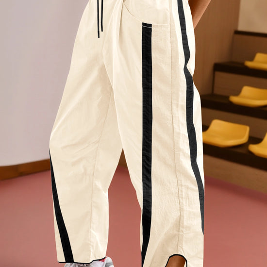 Women's Apricot Drawstring Elastic Contrast Color Pants Fisoew - Fisoew