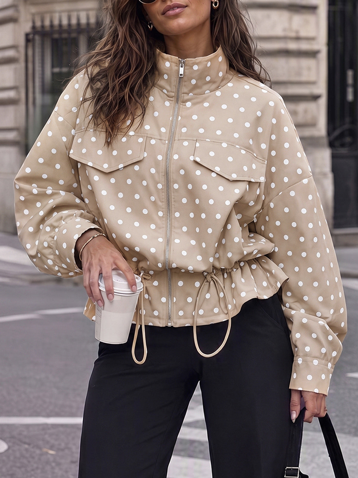 Zip Up Polka Dot Drwatring Jackets - Fisoew