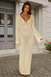 Fisoew Women's Off-white Long Sleeve Sexy Bodycon Summer Knit Dresses - Fisoew