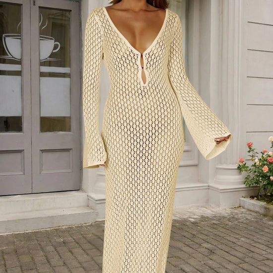 Fisoew Women's Off-white Long Sleeve Sexy Bodycon Summer Knit Dresses - Fisoew