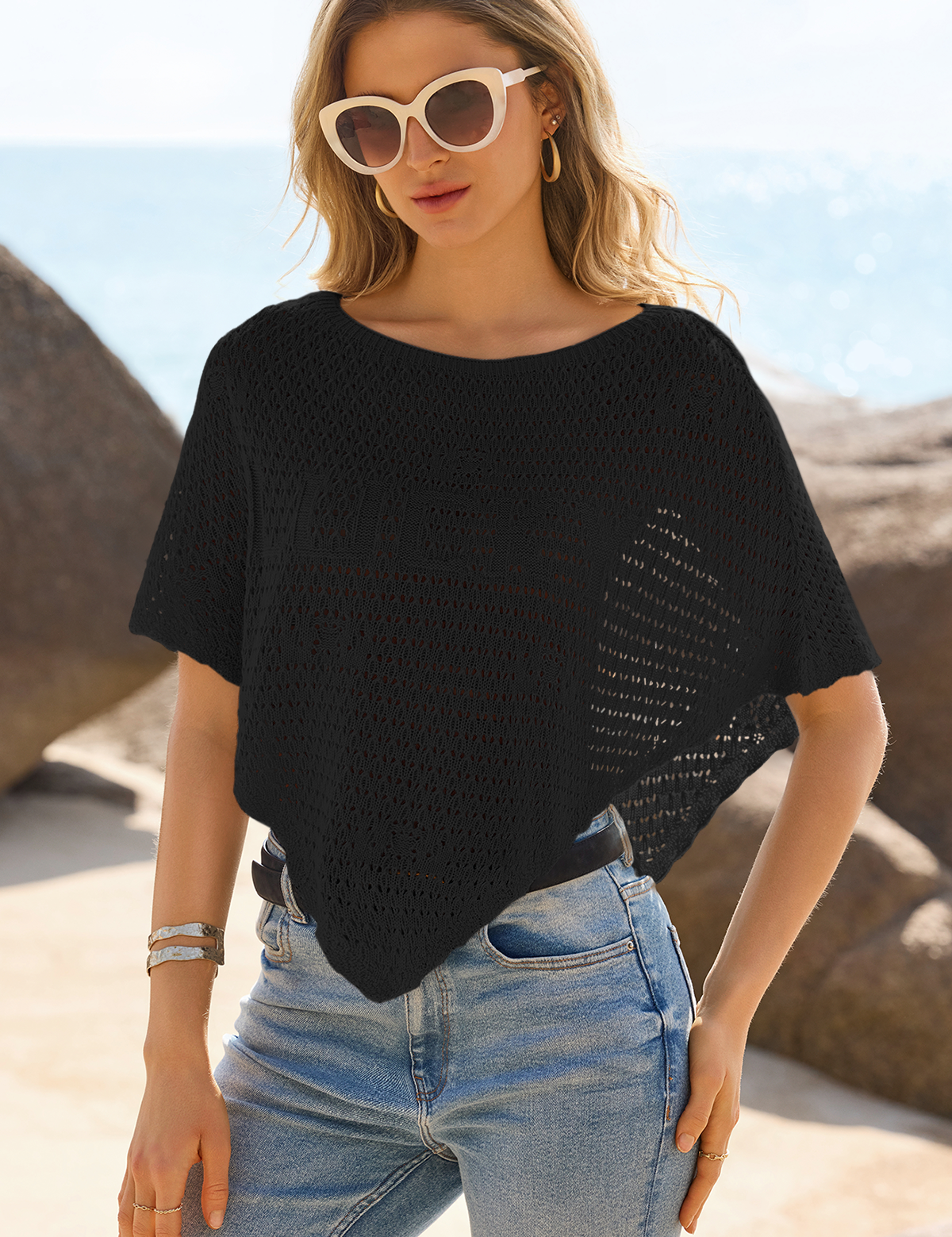 Fisoew Women's Black Sheer Shawl Boho Crochet Cover Ups - Fisoew