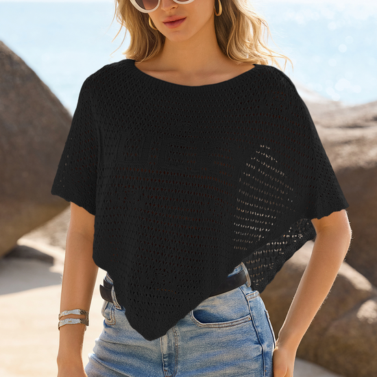 Fisoew Women's Black Sheer Shawl Boho Crochet Cover Ups - Fisoew