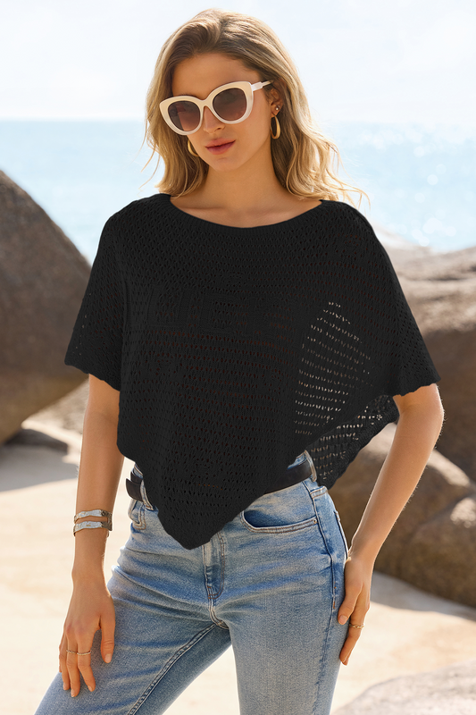 Fisoew Women's Black Sheer Shawl Boho Crochet Cover Ups - Fisoew