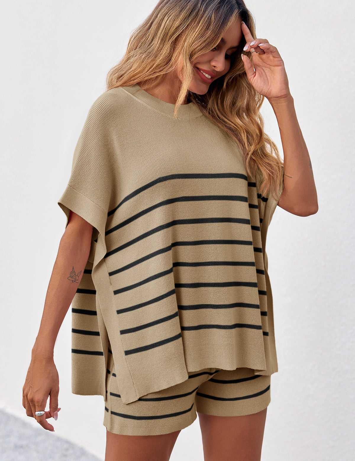 Fisoew Women's Khaki Striped Oversized Lounge Short Sets - Fisoew