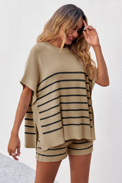 Fisoew Women's Khaki Striped Oversized Lounge Short Sets - Fisoew