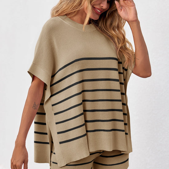 Fisoew Women's Khaki Striped Oversized Lounge Short Sets - Fisoew