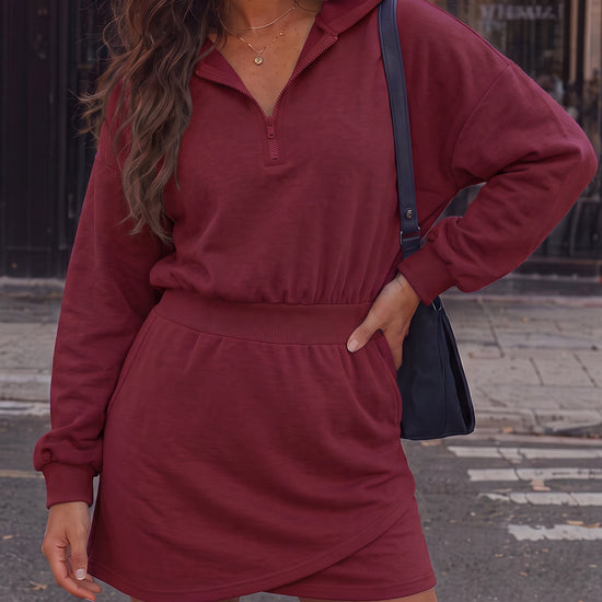 Hoodies Half Zip Elastic Waist Mini Dresses - Fisoew