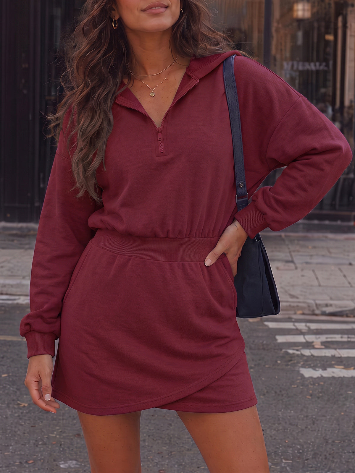 Hoodies Half Zip Elastic Waist Mini Dresses - Fisoew