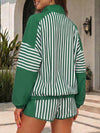 Striped Half-Zip Long Sleeve Tops With Short Sets