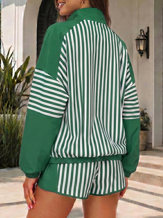 Striped Half-Zip Long Sleeve Tops With Short Sets - Fisoew
