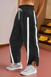 Women's Black Drawstring Elastic Contrast Color Pants Fisoew - Fisoew
