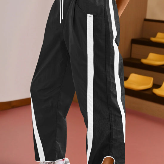 Women's Black Drawstring Elastic Contrast Color Pants Fisoew - Fisoew