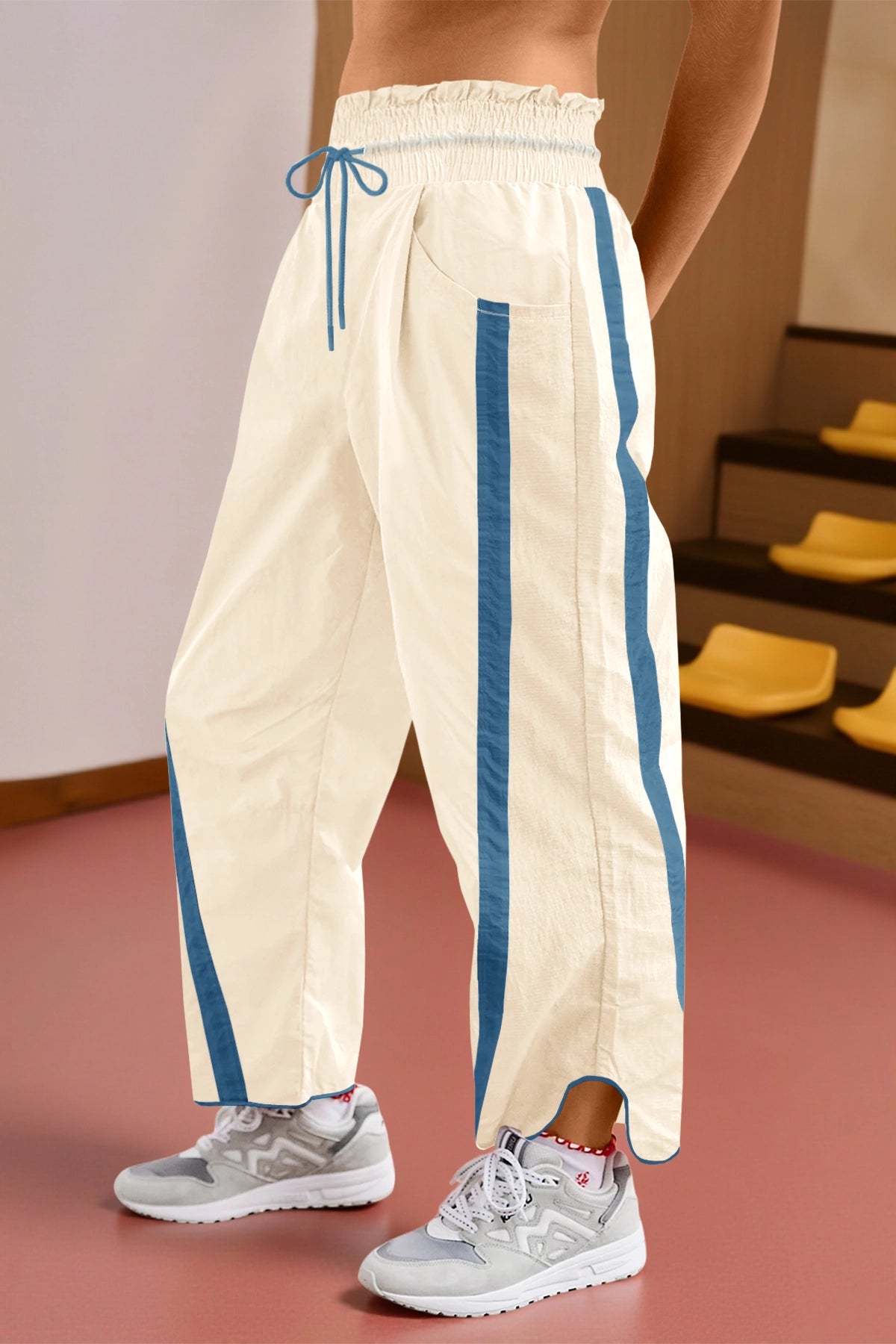 Women's Beige Drawstring Elastic Contrast Color Pants Fisoew - Fisoew
