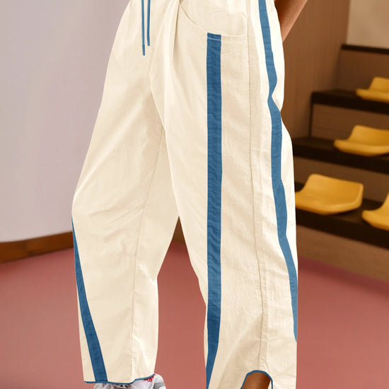Women's Beige Drawstring Elastic Contrast Color Pants Fisoew - Fisoew