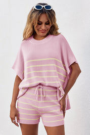 Fisoew Women's Pink Striped Oversized Lounge Short Sets - Fisoew