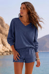 V Neck Solid Sweatsuits With Short Sets