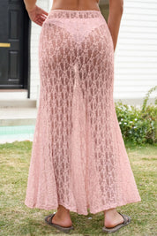 Fisoew Women's Pink High Waist A Line Lace Maxi Skirt - Fisoew