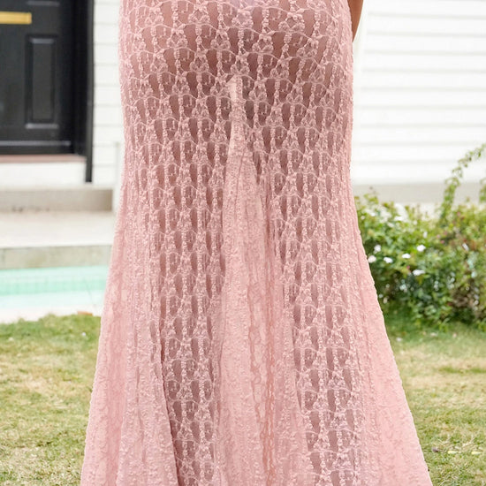 Fisoew Women's Pink High Waist A Line Lace Maxi Skirt - Fisoew