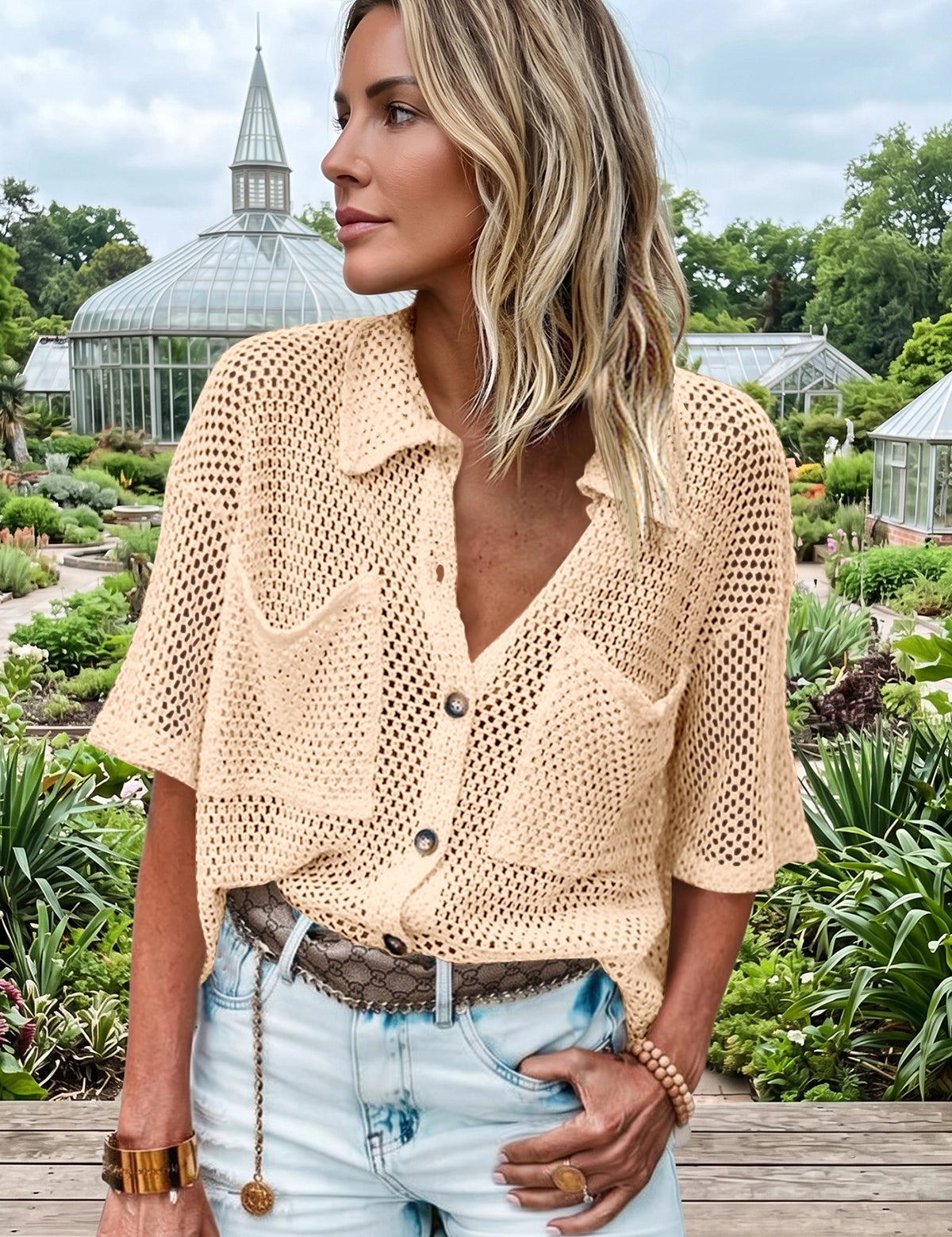 Fisoew Women's Apricot Crochet Lightweight Cardigan Sweaters Cover Up Shirts - Fisoew
