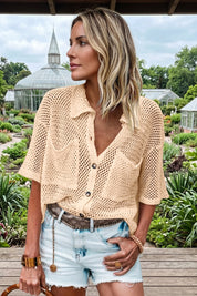 Fisoew Women's Apricot Crochet Lightweight Cardigan Sweaters Cover Up Shirts