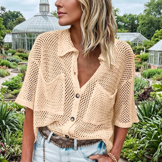 Fisoew Women's Apricot Crochet Lightweight Cardigan Sweaters Cover Up Shirts - Fisoew